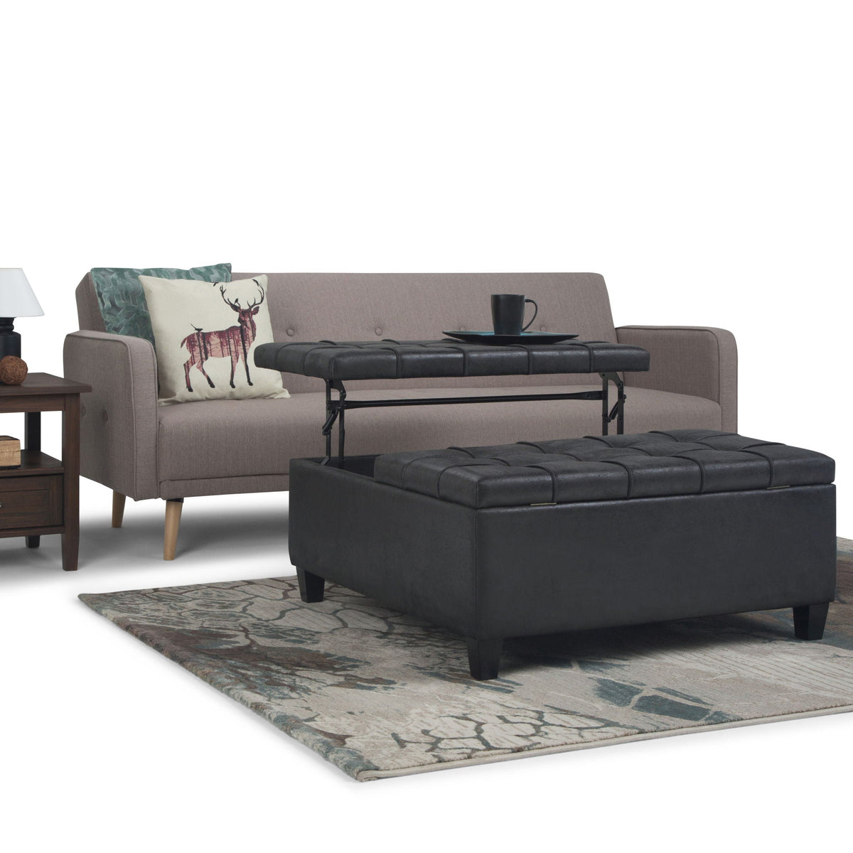Harrison Tufted Lift Top and Storage Ottoman in gray fabric with black lift-top storage on Tampa Home & Garden Store