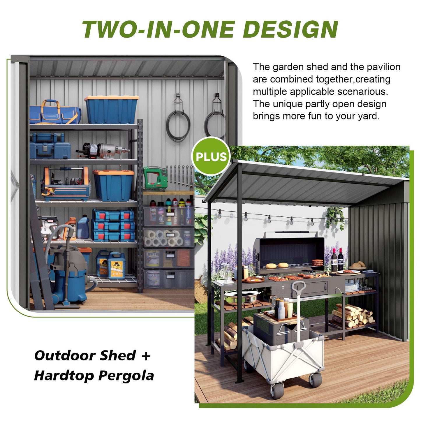 Heavy Gray Storage Shed and the Pergola Combo