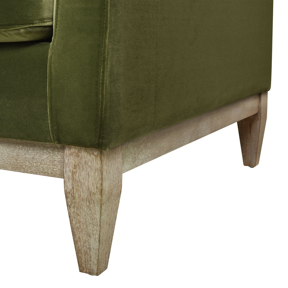 Modern Farmhouse Arm Chair olive green velvet with reversible cushions on wood legs on Tampa Home & Garden Store