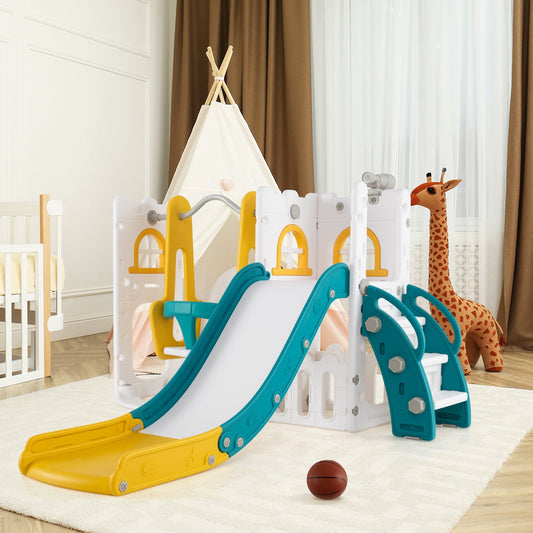 7-in-1 Toddler Swing and Slide Set L-shaped with Ladder and Basketball Hoop - Tampa Home & Garden Store