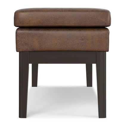Carlson Ottoman Bench mid-century design, brown textured leather top with dark wood legs on Tampa Home & Garden Store