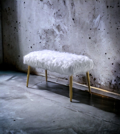 Bagley II Faux Fur Bench white fur seat with gold legs HouseOfZazla upholstered bench on Tampa Home & Garden Store