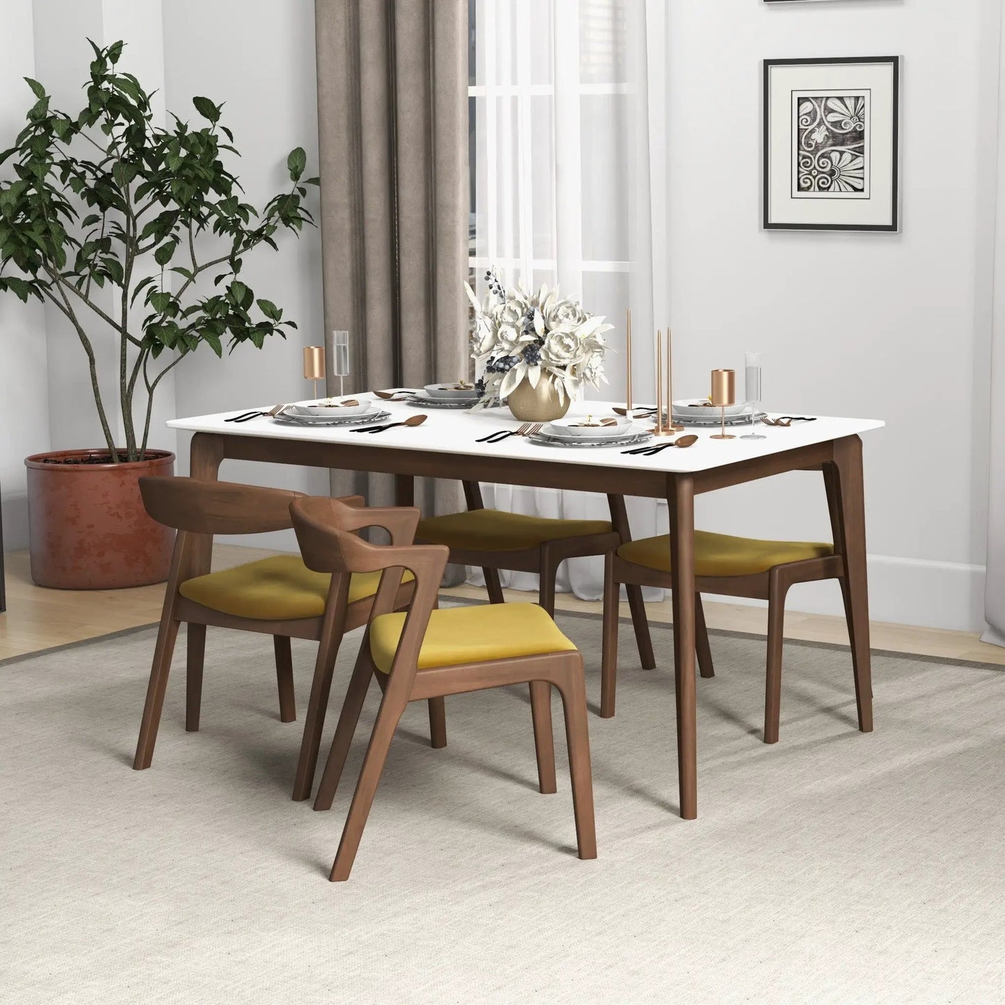 Dakota mid-century dining chair set of 2 in walnut with yellow cushions Unique Piece Furniture on Tampa Home & Garden Store