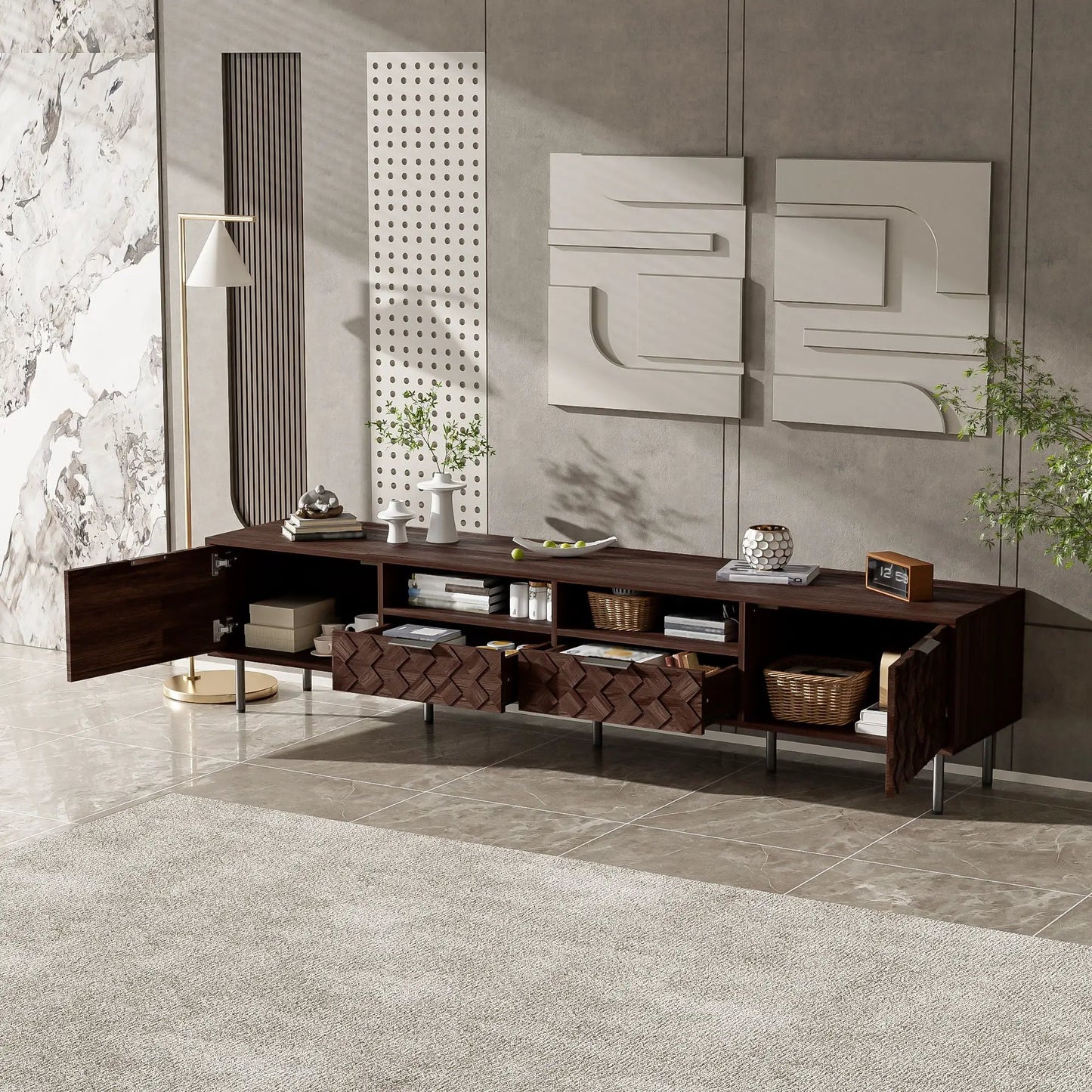 Walnut TV stand 85in with closed storage and softclose hinges by Unique Piece Furniture on Tampa Home & Garden Store