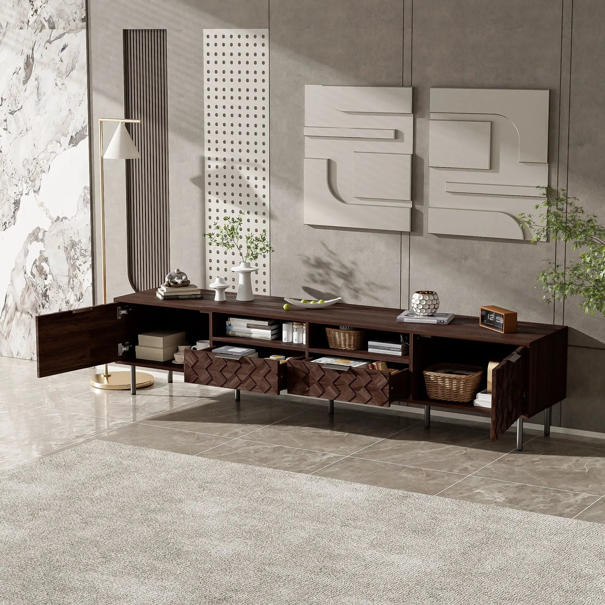 Walnut TV stand 85in with closed storage and softclose hinges by Unique Piece Furniture on Tampa Home & Garden Store