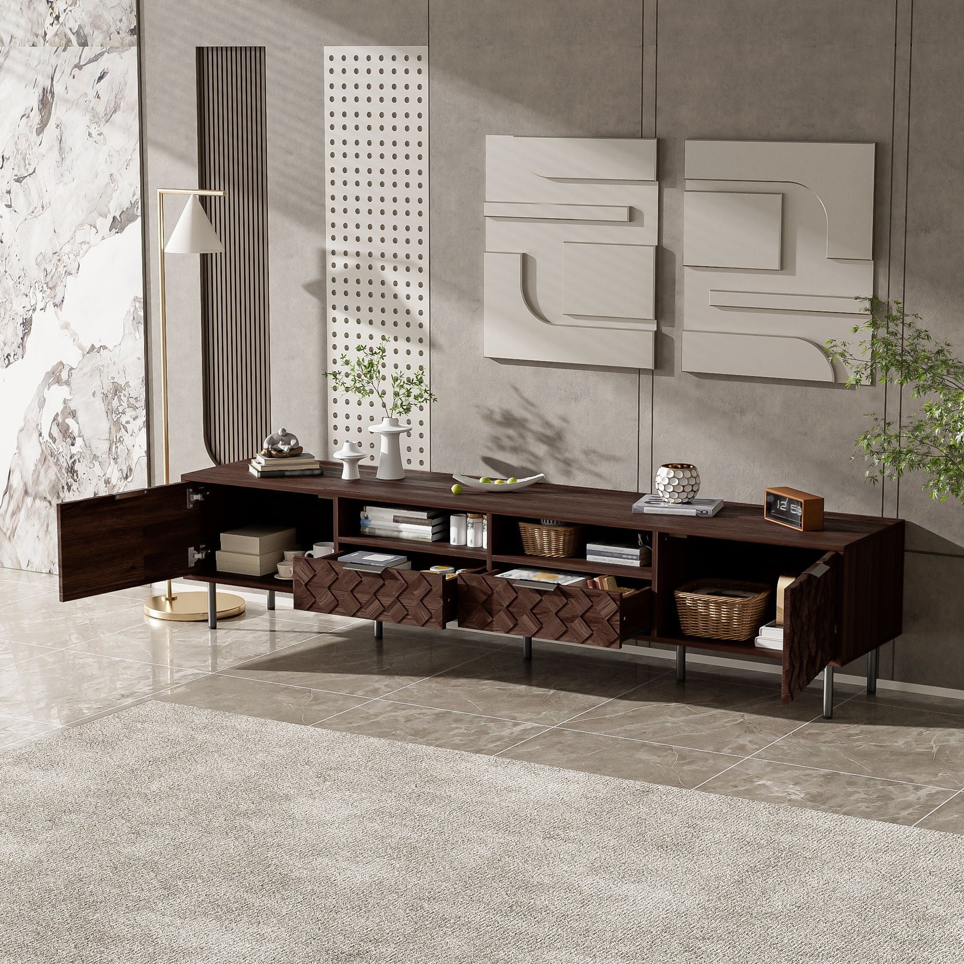 TV stand for TVs up to 85 in with closed storage in walnut finish HouseOfZazla on Tampa Home & Garden Store