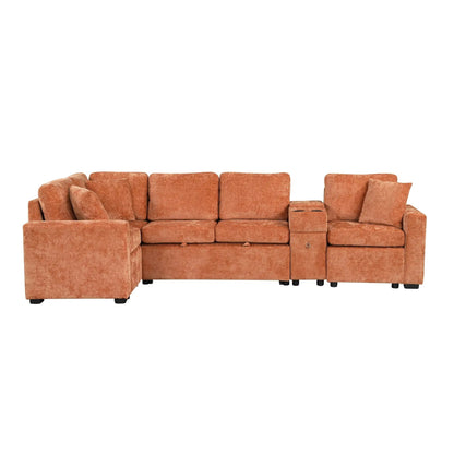 Modular Sectional Sofa Bed with cup holders and storage in orange fabric Unique Piece Furniture on Tampa Home & Garden Store