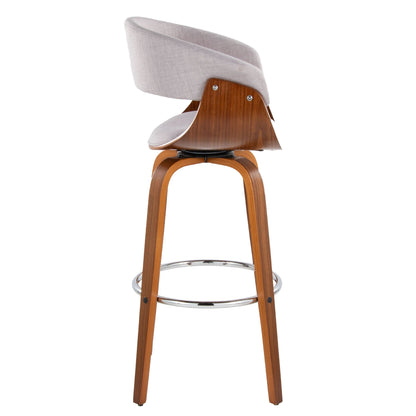 Vintage mid-century modern fixed-height barstool pair with gray fabric and wood legs on Tampa Home & Garden Store
