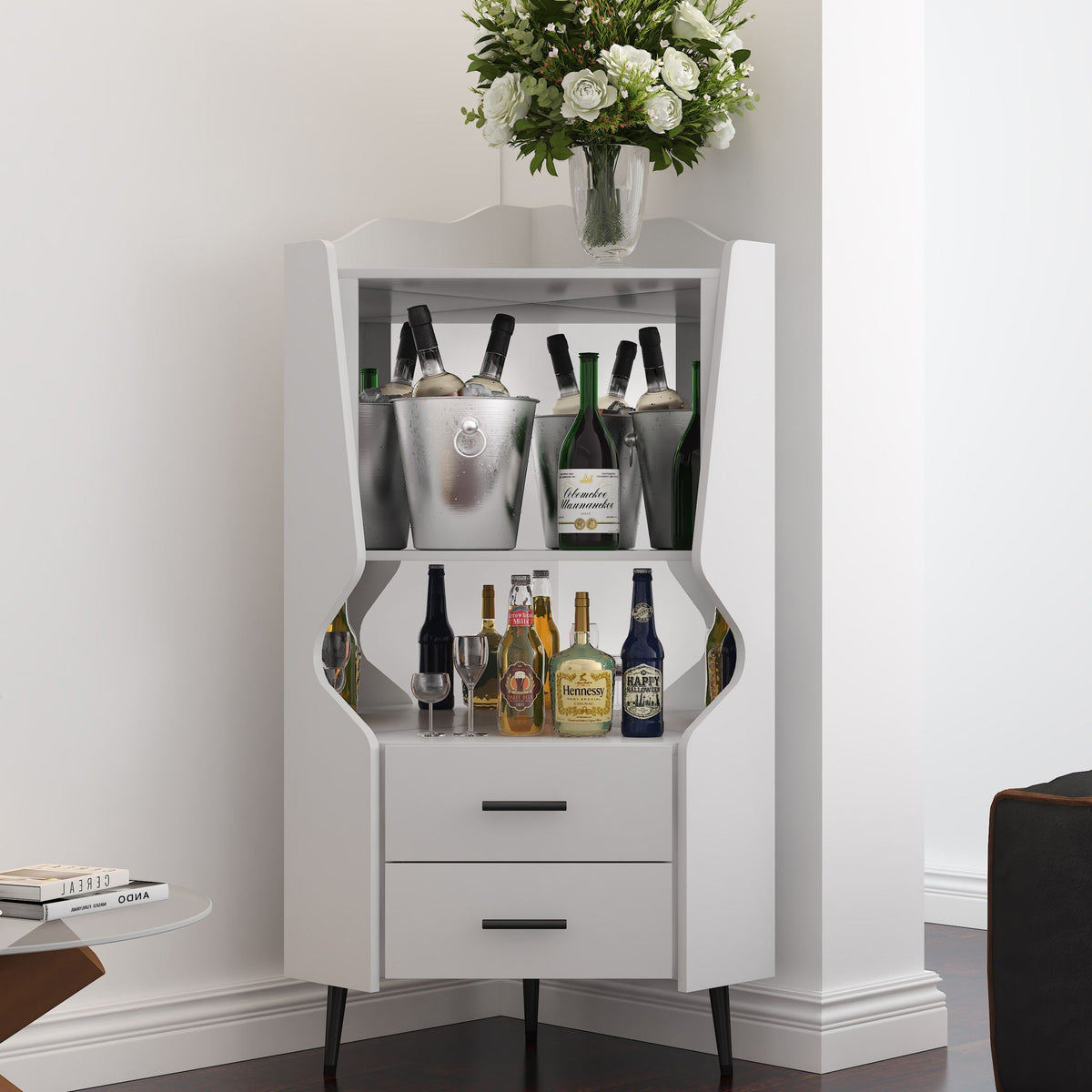 Corner bar cabinet with mirrored back, white wood finish, wine storage by HouseOfZazla on Tampa Home & Garden Store