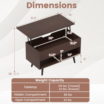 31.5 Inch Lift-Top Coffee Table with Hidden Storage and 2 Open Shelves