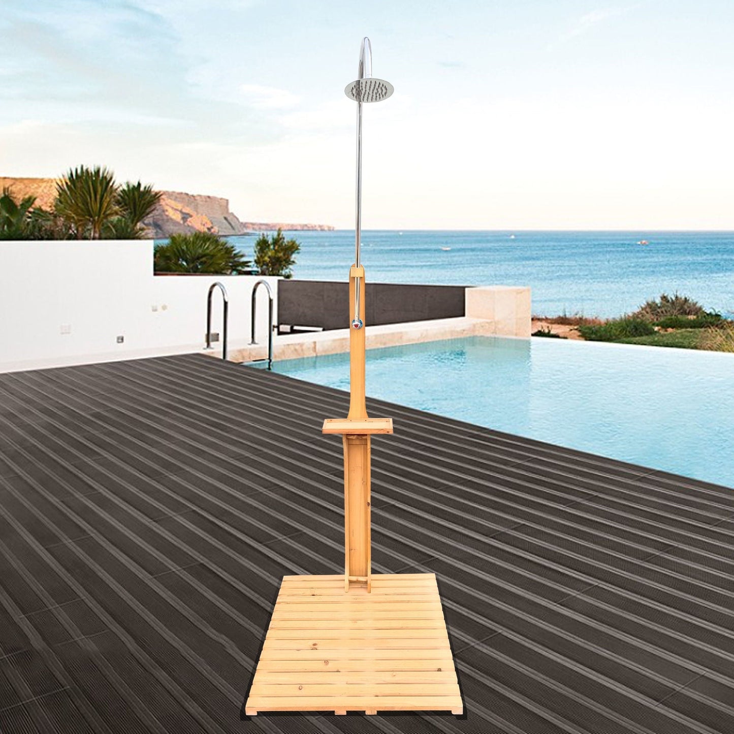 Outdoor shower on wooden post with chrome showerhead beside pool on deck HouseOfZazla on Tampa Home & Garden Store