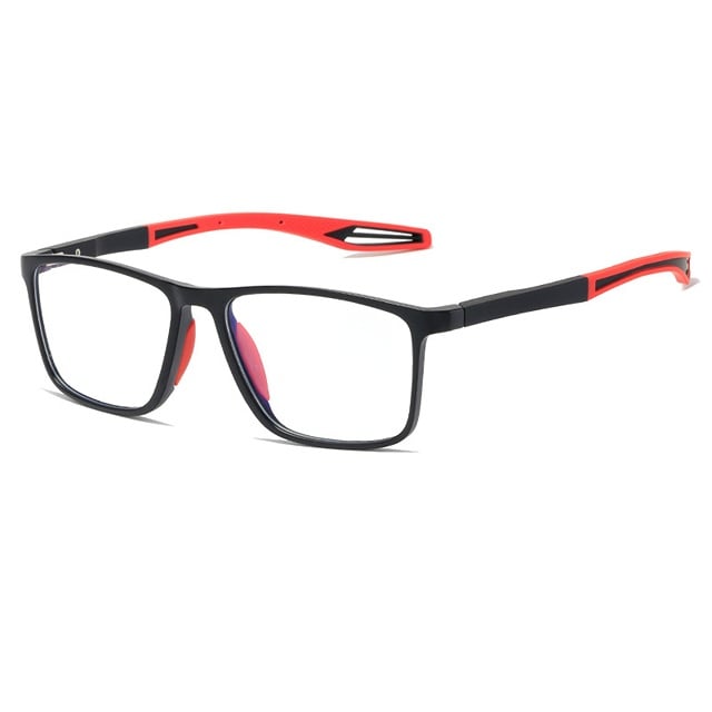Moktan Sabai titanium progressive reading glasses with black frame and red temple tips on Tampa Home & Garden Store