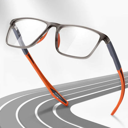 Titanium Progressive Reading Glasses by Moktan Sabai with gray frame and orange temples on Tampa Home & Garden Store