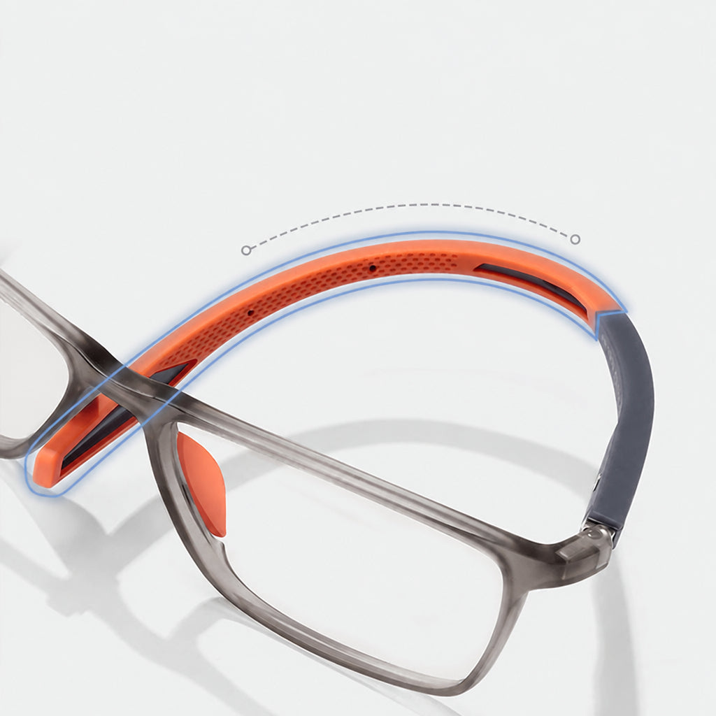 Titanium progressive reading glasses by Moktan Sabai with gray frame and orange inner arms on Tampa Home & Garden Store