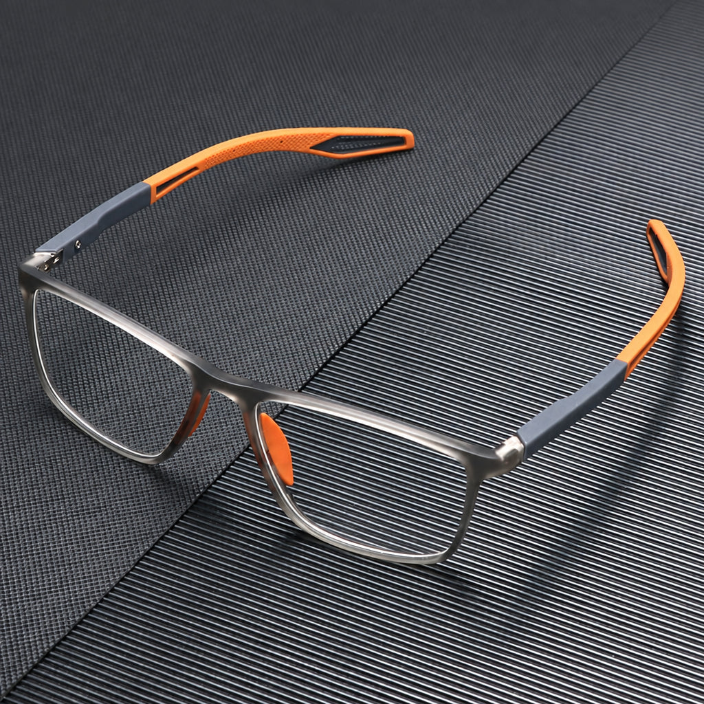 Titanium progressive reading glasses with silver frame and orange-gray temple arms on Tampa Home & Garden Store