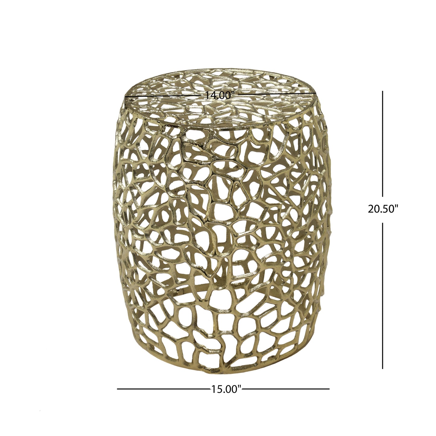 Aluminum drum end table in gold with intricate openwork lattice by HouseOfZazla on Tampa Home & Garden Store