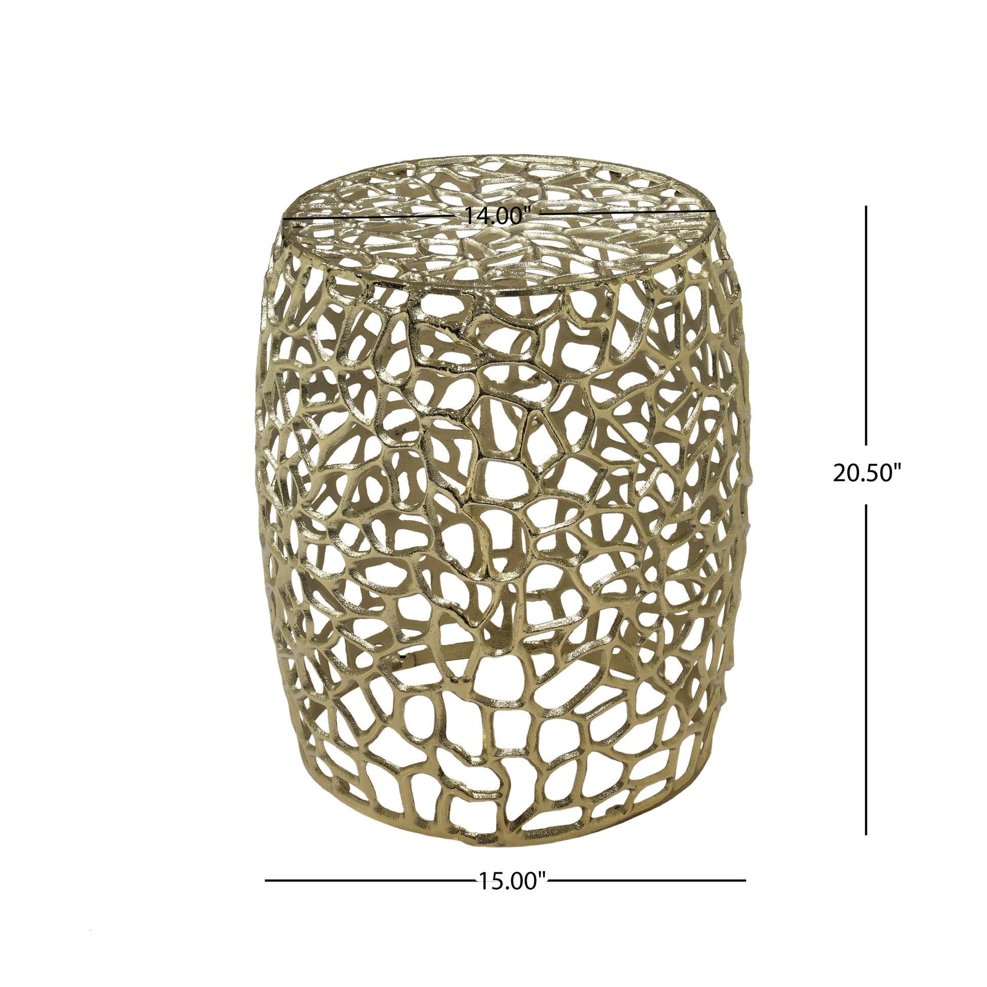 Aluminum drum end table in gold with intricate openwork lattice by HouseOfZazla on Tampa Home & Garden Store