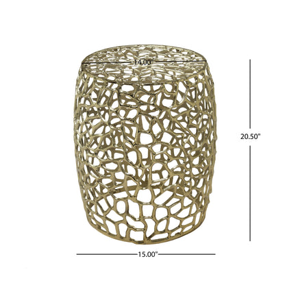 Aluminum drum end table in gold with intricate openwork lattice by HouseOfZazla on Tampa Home & Garden Store