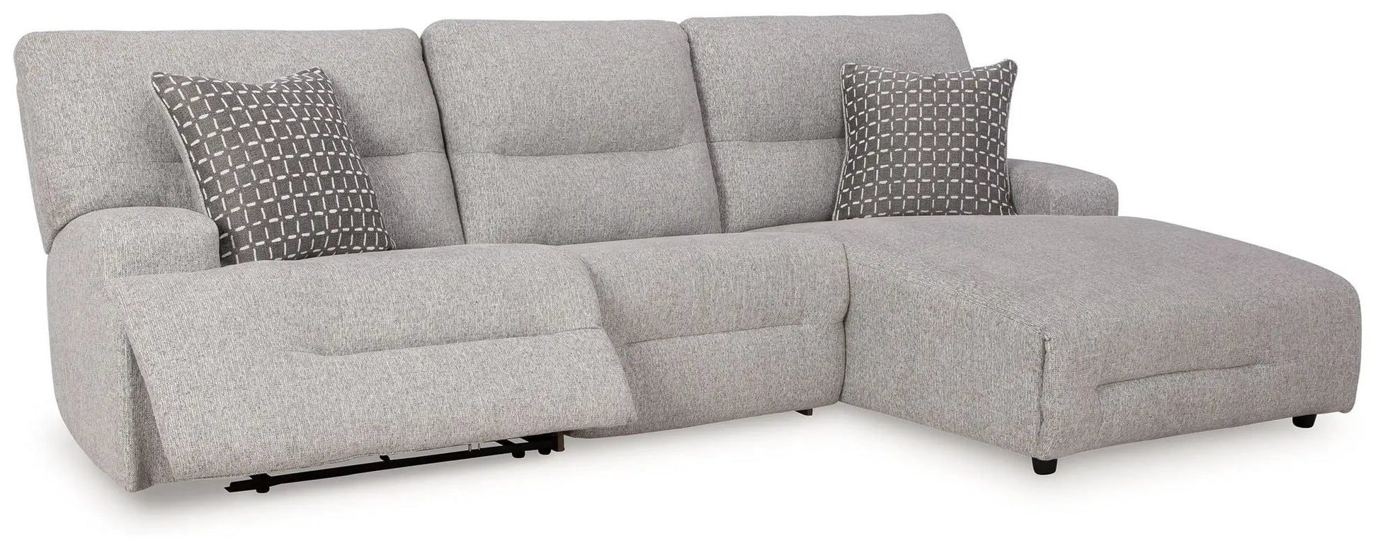 Acklen Place reclining sectional in light gray fabric with two geometric pillows and chaise on Tampa Home & Garden Store