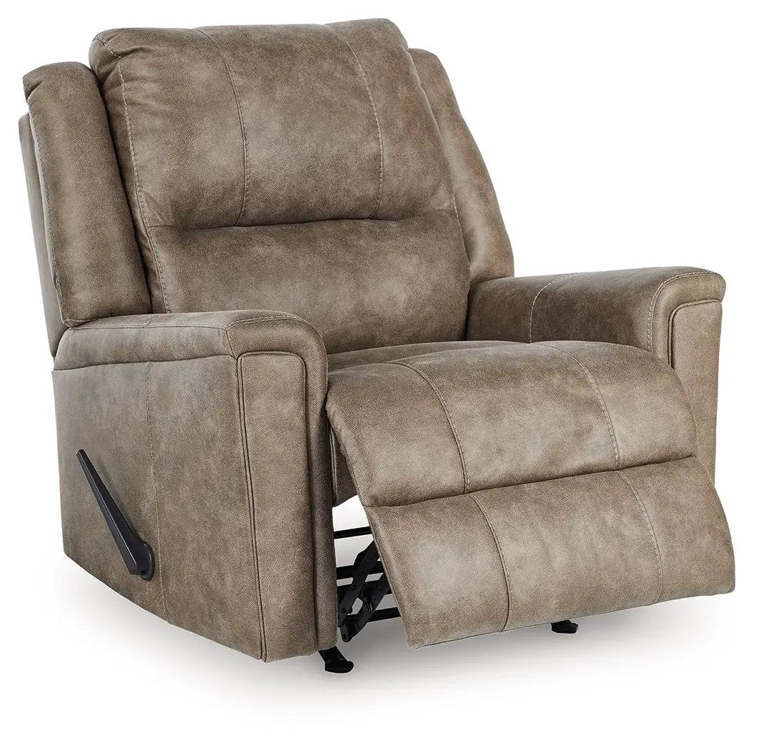 Lixtowel Rocker Recliner in tan suede upholstery with extended footrest and side lever on Tampa Home & Garden Store
