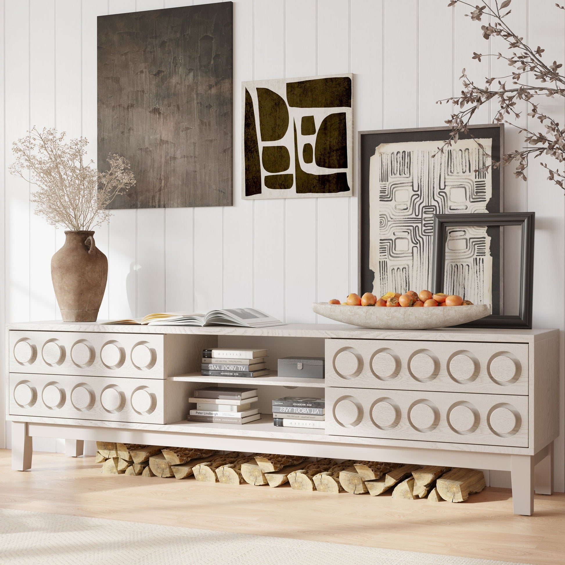 Media Console With 4 Drawers And Cable Management in wood with round pulls on Tampa Home & Garden Store