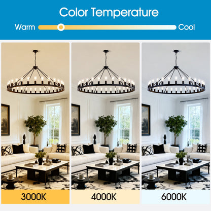 64-inch matte black wagon wheel chandelier with 30 lights, 3 color temps shown on Tampa Home & Garden Store