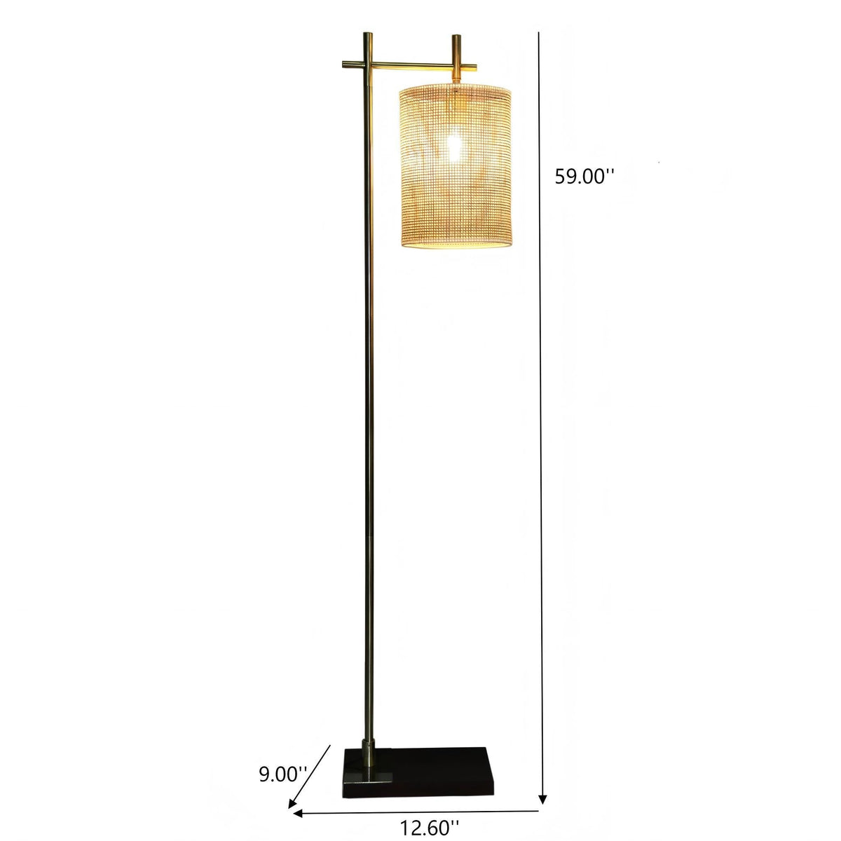 Brizo tall corner floor lamp in gold with woven drum shade, 59in tall, black square base on Tampa Home & Garden Store