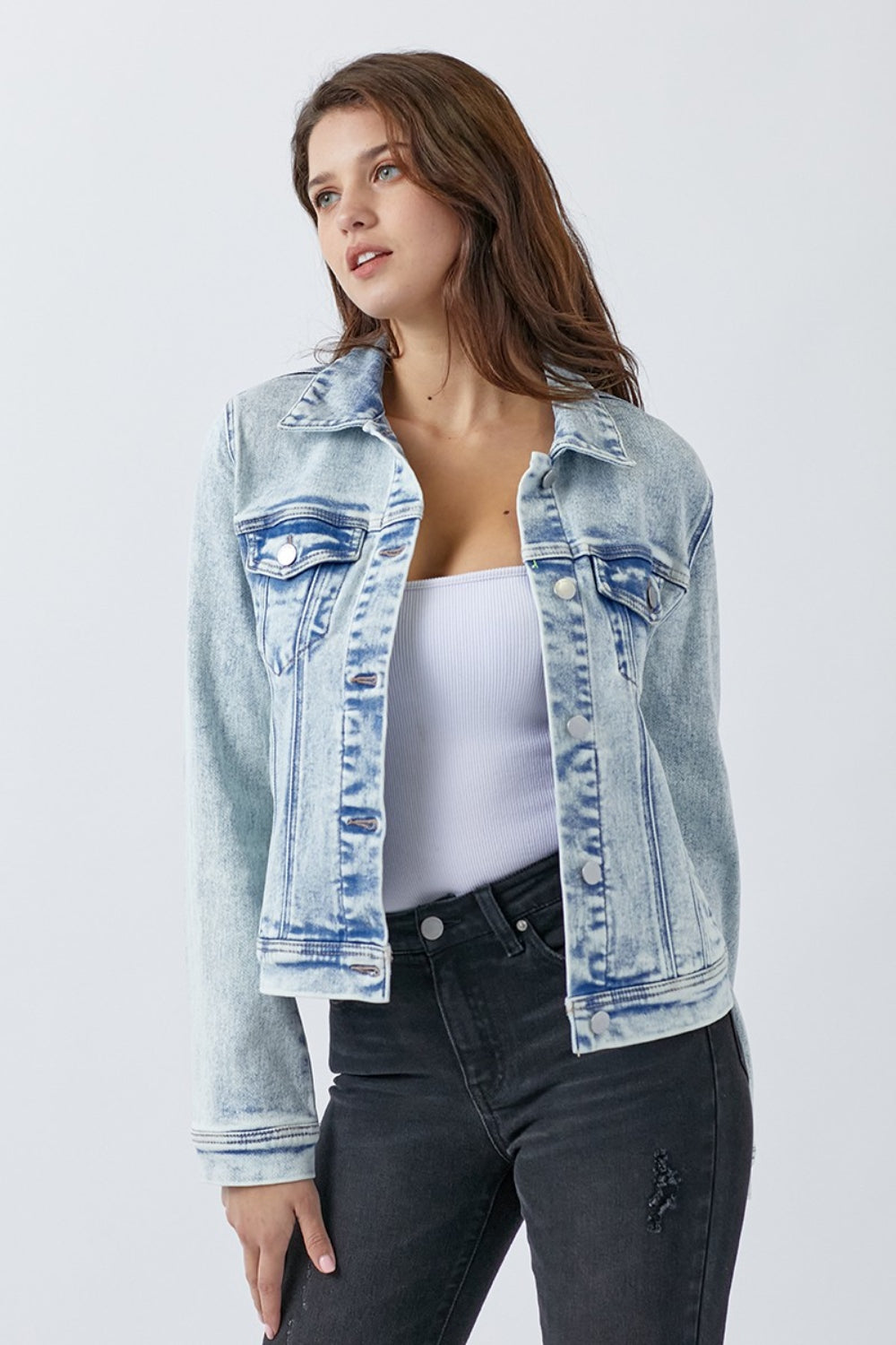 Button Up Washed Jacket blue denim trucker with pocket detailing on model on Tampa Home & Garden Store