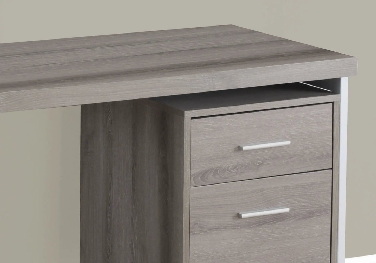 Writing Desk Unique Piece Furniture in weathered gray wood with 3 drawers and open shelf on Tampa Home & Garden Store