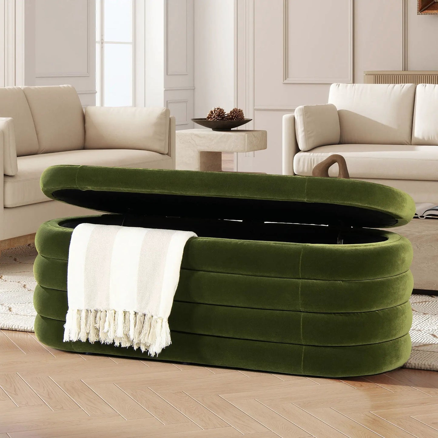 Fuji Upholstered Oval Storage Bench in emerald green velvet on Tampa Home & Garden Store