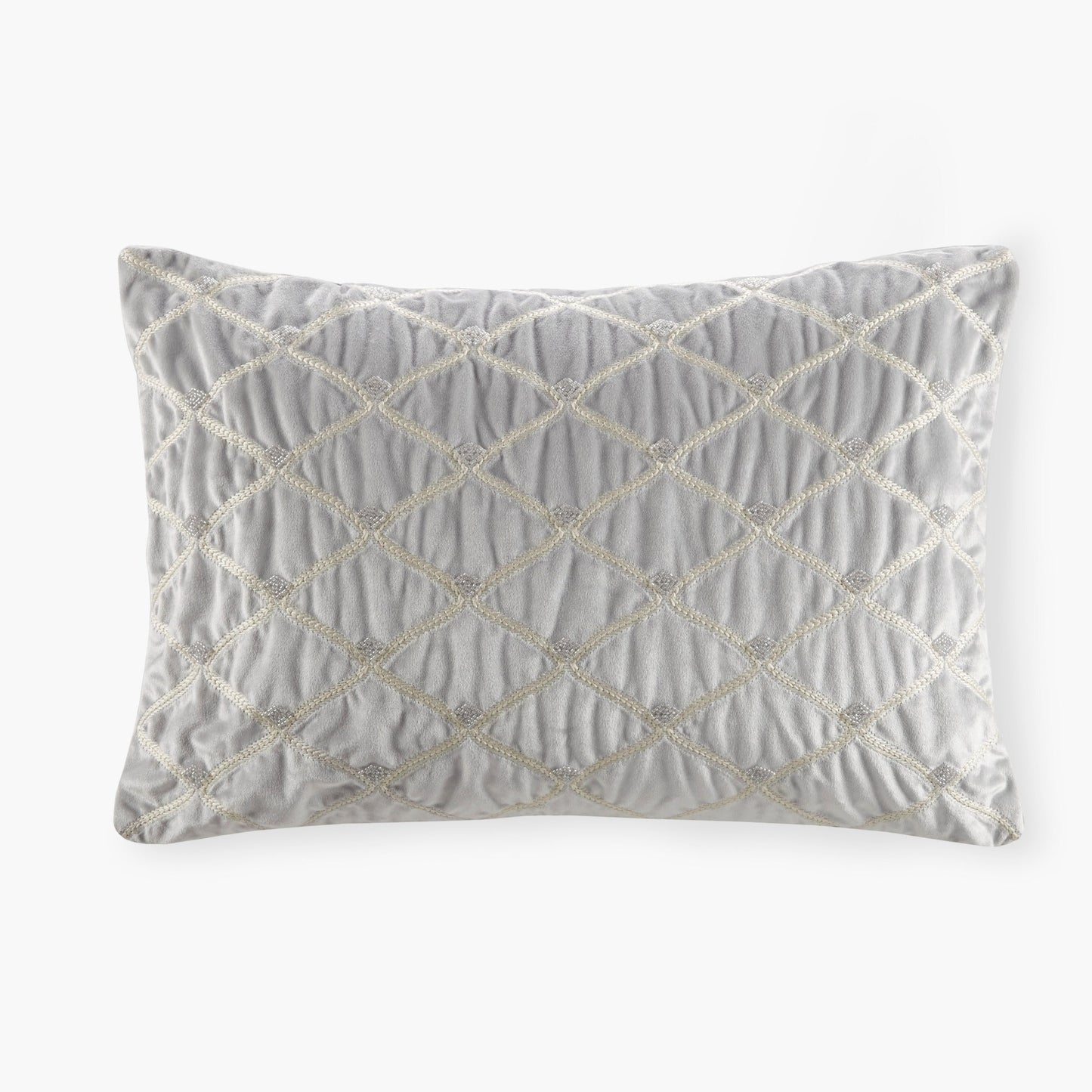 Oblong decor pillow silver 22x15 with cream lattice embroidery HouseOfZazla on Tampa Home & Garden Store