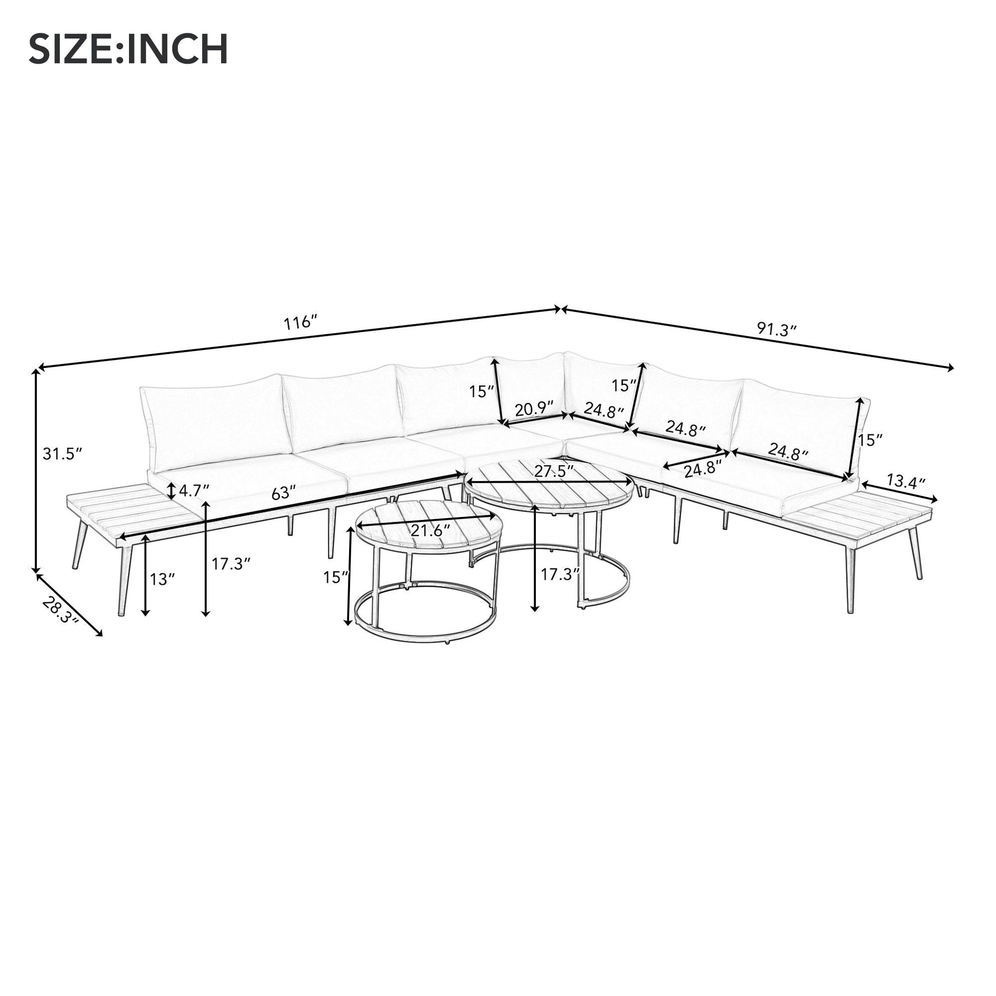 6-piece modern outdoor sectional sofa set with nesting coffee tables, white cushions on Tampa Home & Garden Store