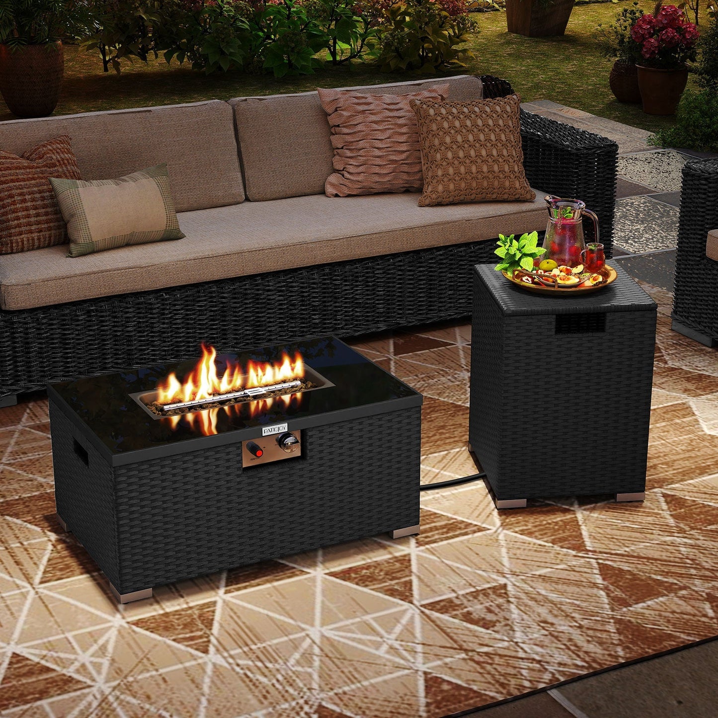 2-Piece outdoor rattan fire table set with black wicker and beige cushions; 32in gas firepit on Tampa Home & Garden Store