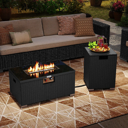 2-Piece outdoor rattan fire table set with black wicker and beige cushions; 32in gas firepit on Tampa Home & Garden Store
