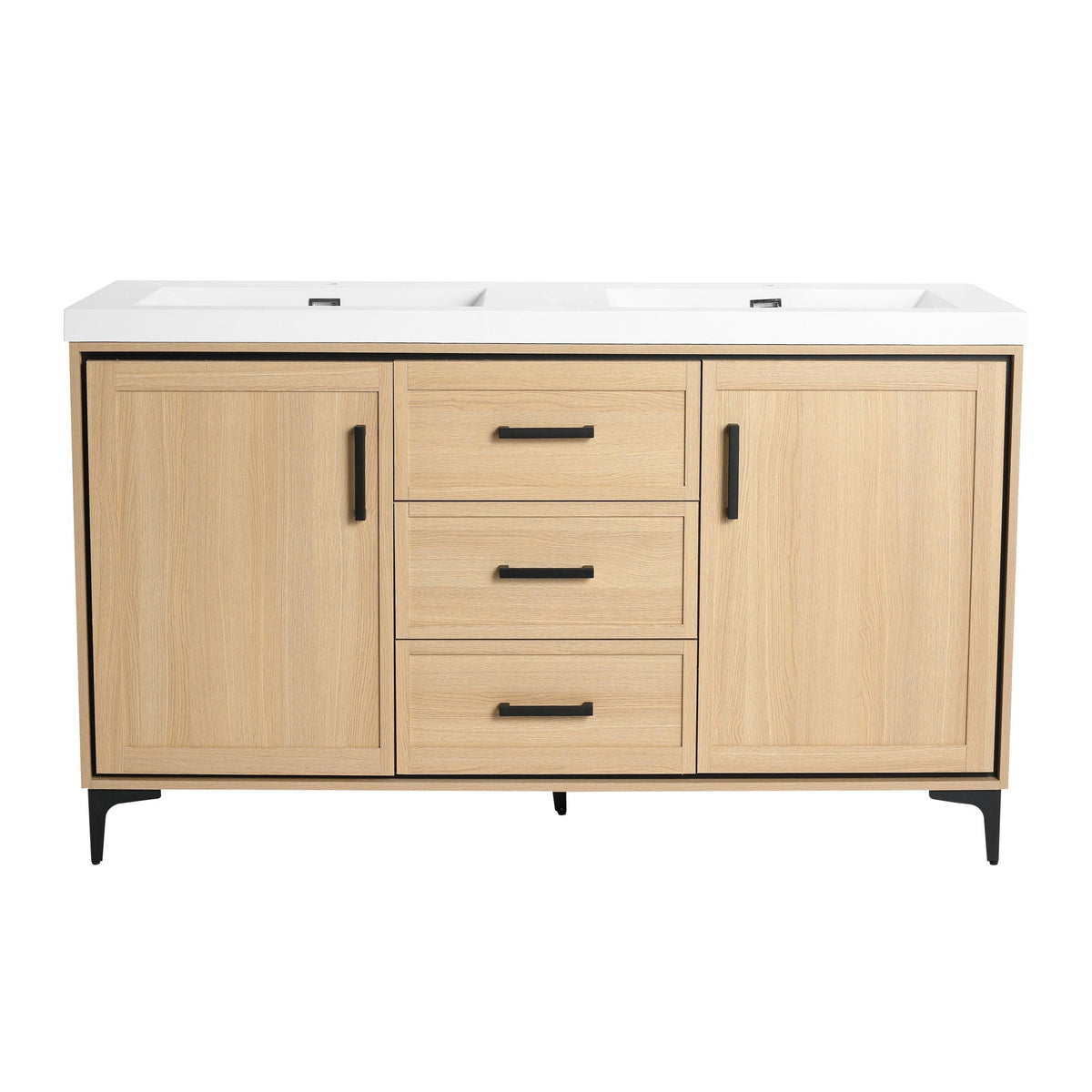 Original 60in oak freestanding vanity with double resin sinks, white countertop on Tampa Home & Garden Store