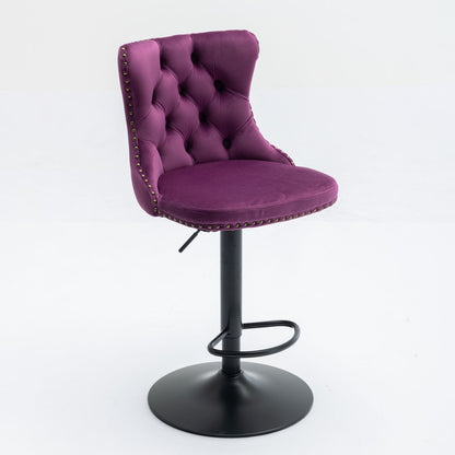 Swivel Bar Stool purple velvet tufted back adjustable height black metal base HouseOfZazla on Tampa Home & Garden Store