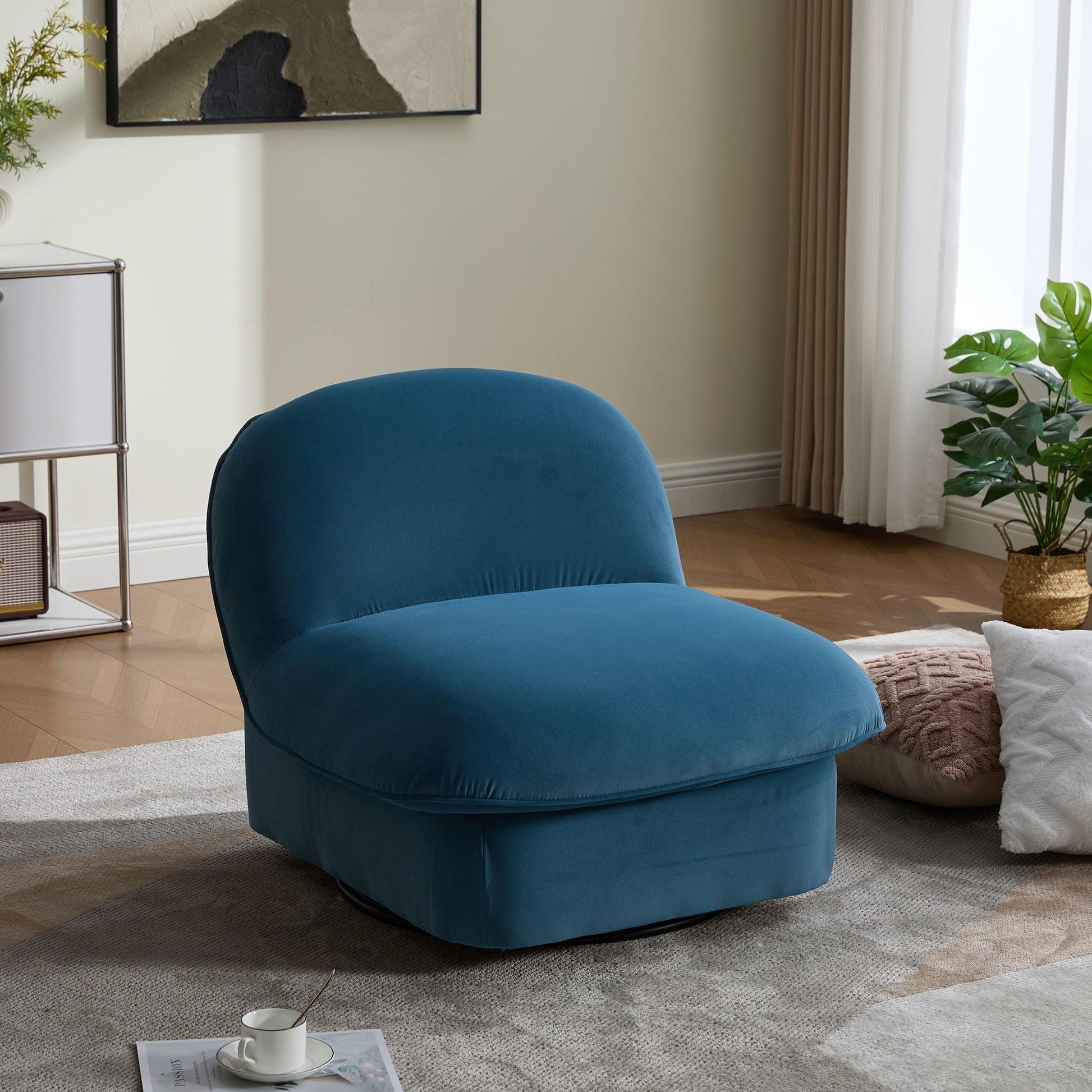 Pumpkin shaped teal swivel accent chair with plush seat for living room on Tampa Home & Garden Store
