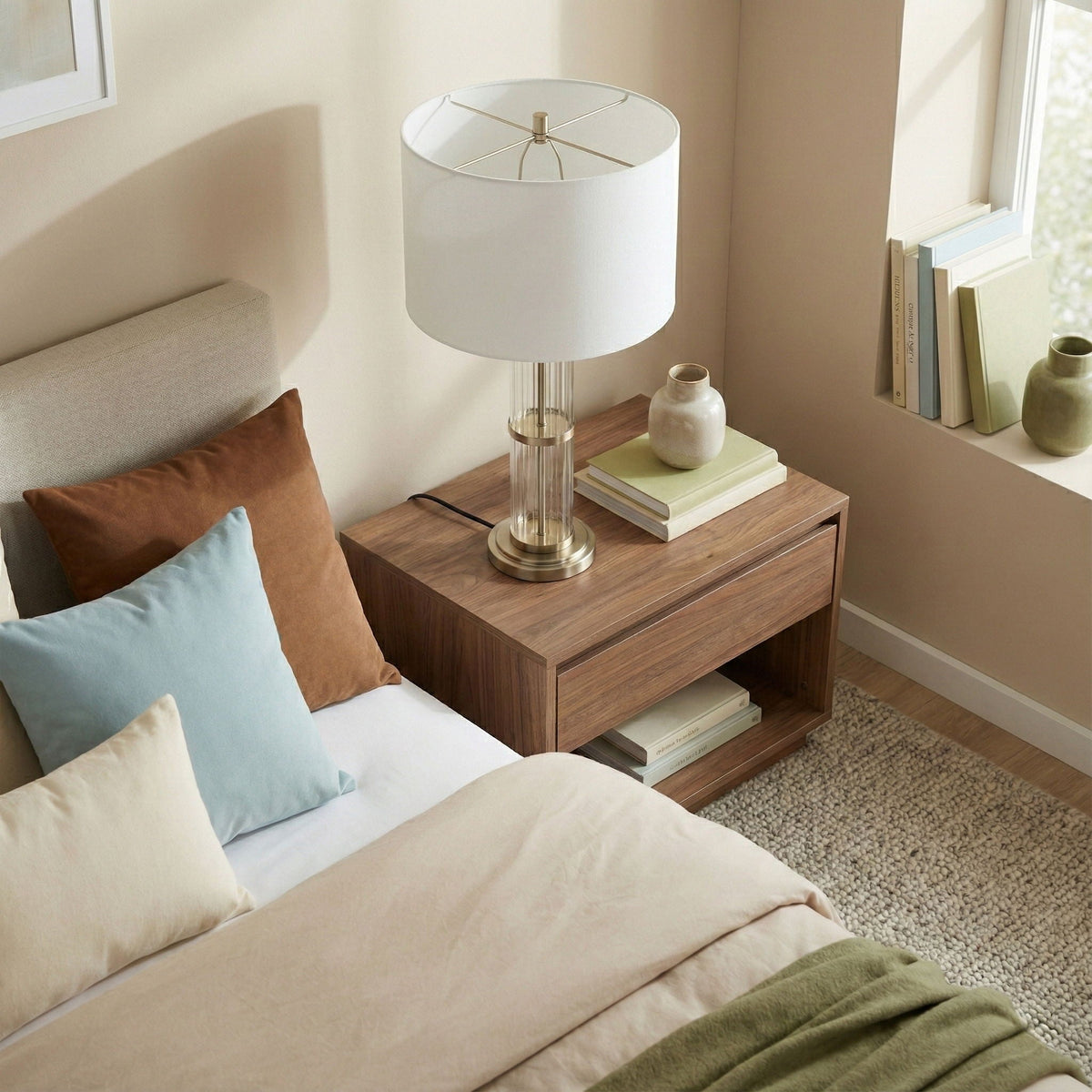 Echo table lamp with clear glass base and white drum shade, on/off switch, HouseOfZazla on Tampa Home & Garden Store