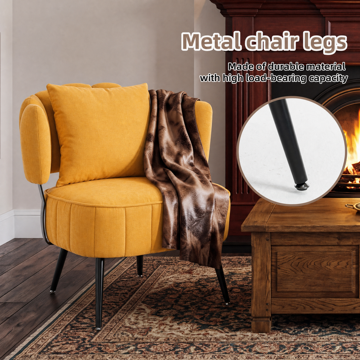 Decorative Armchair with Spring Seat Cushion, mustard, metal legs, faux fur throw HouseOfZazla on Tampa Home & Garden Store