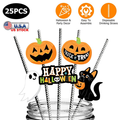 GemGear 25Pcs Halloween striped paper drinking straws with pumpkin toppers, ghost and cat on Tampa Home & Garden Store