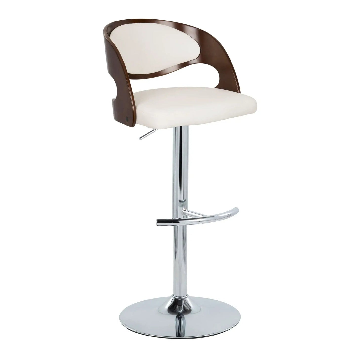 Pino adjustable swivel barstool set of 2 with white seat and cherry wood frame chrome base on Tampa Home & Garden Store