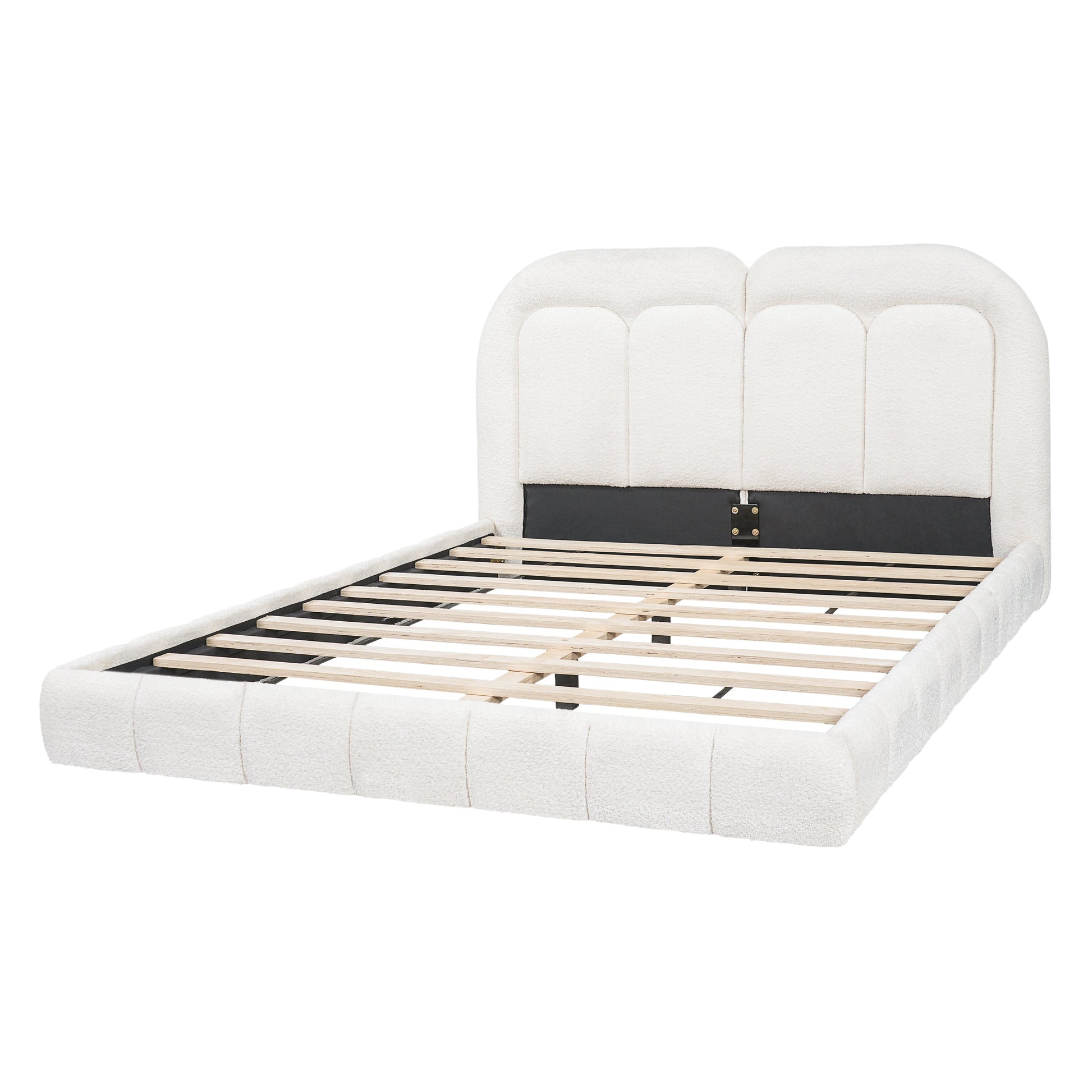 Queen size cream boucle upholstered platform bed with tufted headboard by HouseOfZazla on Tampa Home & Garden Store