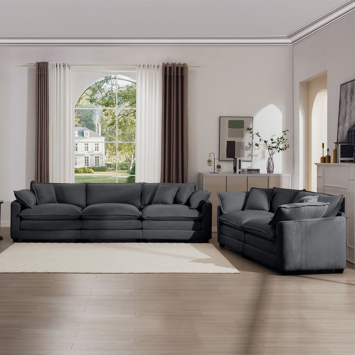 HouseOfZazla three-piece oversized sectional sofa in dark charcoal fabric with deep seats on Tampa Home & Garden Store