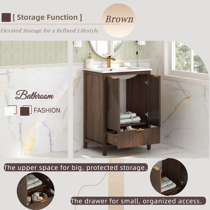 Modern bathroom vanity with sink, compact storage in dark brown wood, gold faucet on Tampa Home & Garden Store