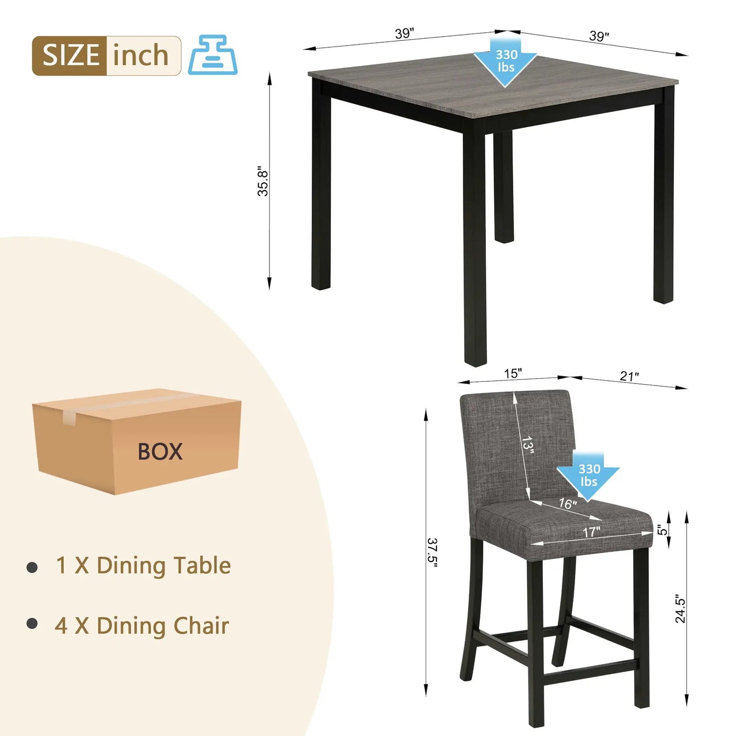 5 Piece Counter Height Dining Set square grey tabletop with black legs and 4 upholstered chairs Unique Piece Furniture on Tampa Home & Garden Store