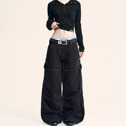 Womens Retro American-style Workwear Denim Jeans, black wide-leg cargo with belt FLIPSTYLEZLLC on Tampa Home & Garden Store