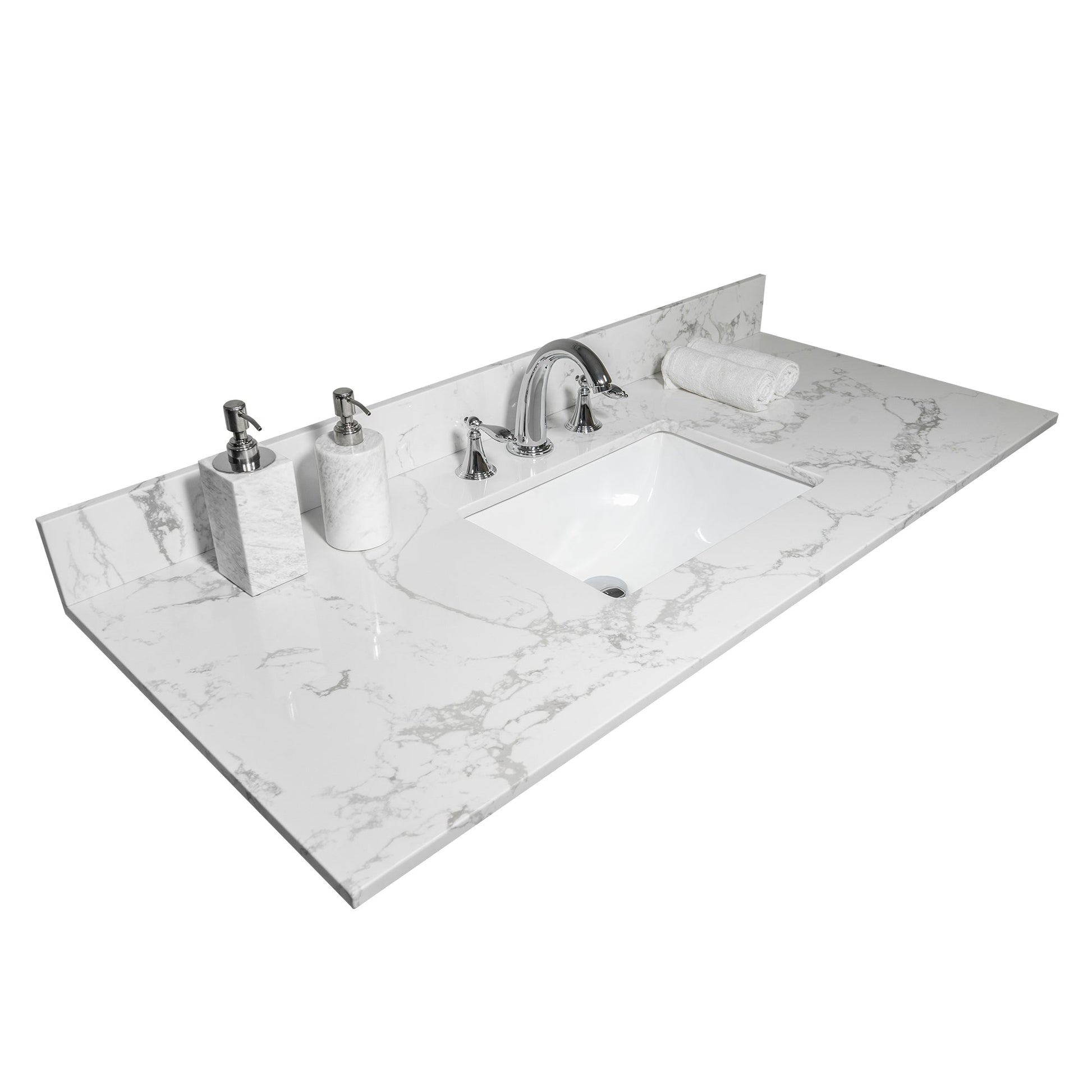 Montary 43x22 Carrara white engineered stone with rectangle undermount sink and 3 faucet holes on Tampa Home & Garden Store
