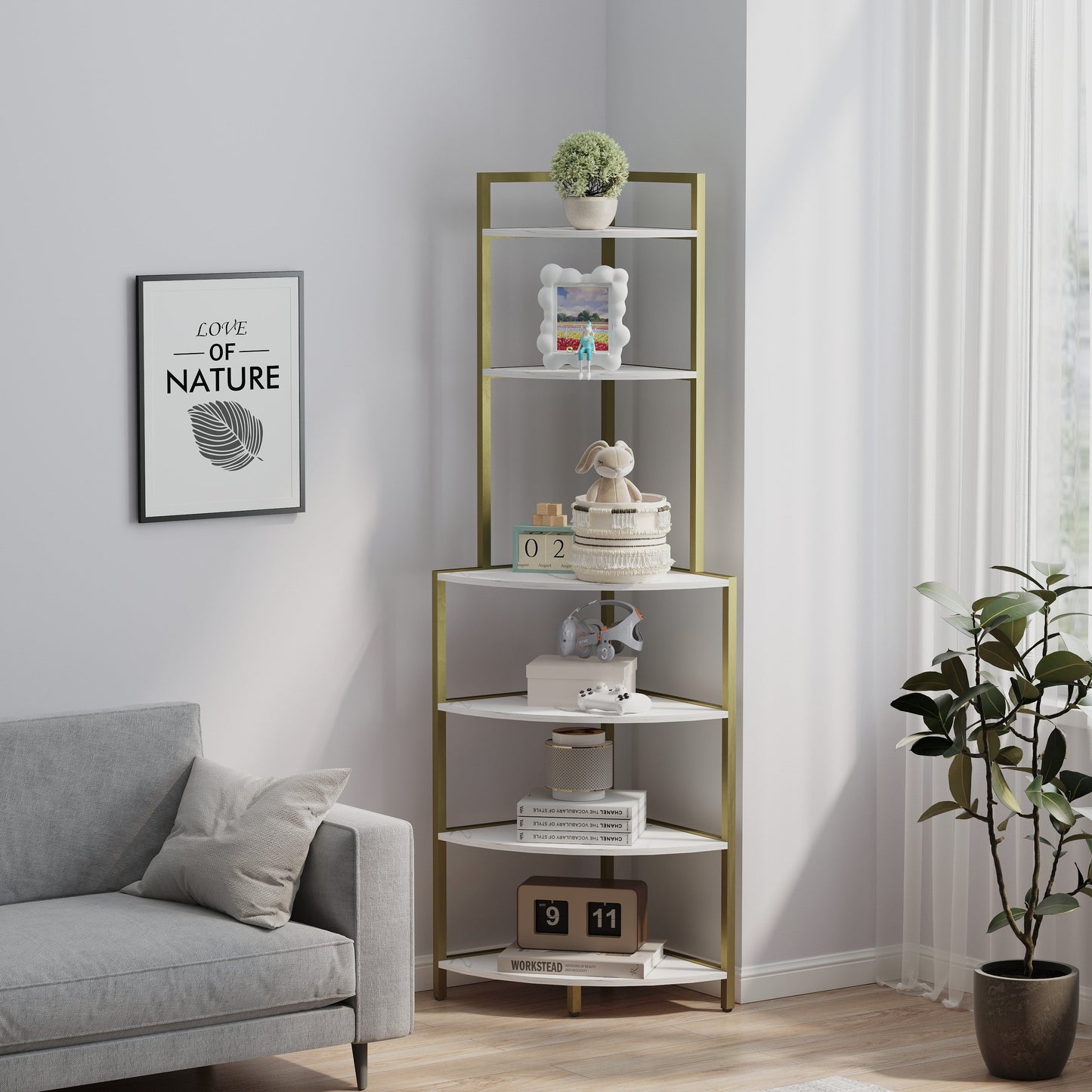 6-story corner open bookshelf, modern bookshelf, wooden frame, independent bookshelf unit, - Tampa Home & Garden Store