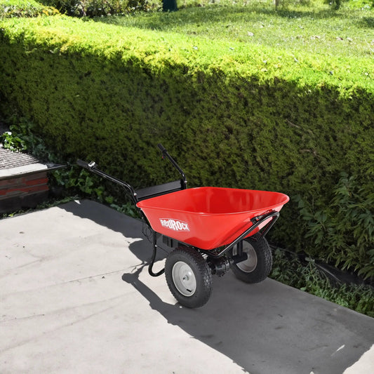 Red Rock electric wheelbarrow red tub, black frame, dual wheels and handlebar controls on Tampa Home & Garden Store
