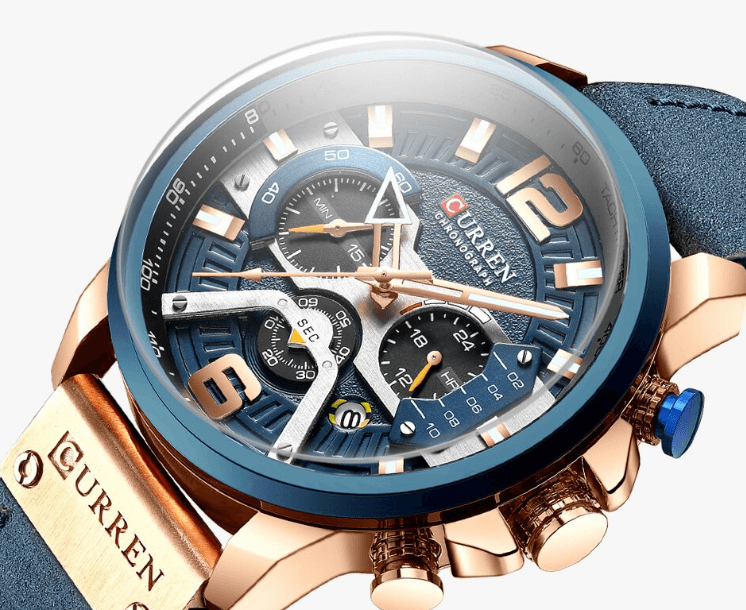 Men's sports waterproof chronograph watch by Stevvex with blue dial and leather strap on Tampa Home & Garden Store